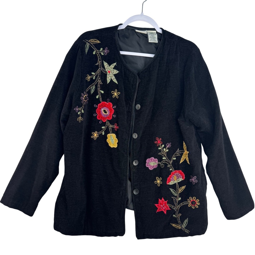 White Stag Womens Black Chenille Embroidered Floral Button Cardigan Jacket L - Picture 3 of 7